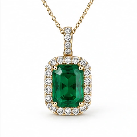 Emerald Halo Pendant — Emerald and diamonds